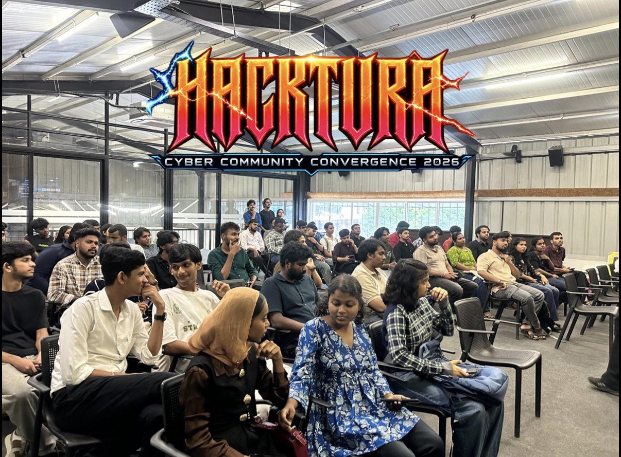 Hacktura Cyber Convergence 2026 group photo with COO Sidharth S (zidhuxd), speakers, and delegates